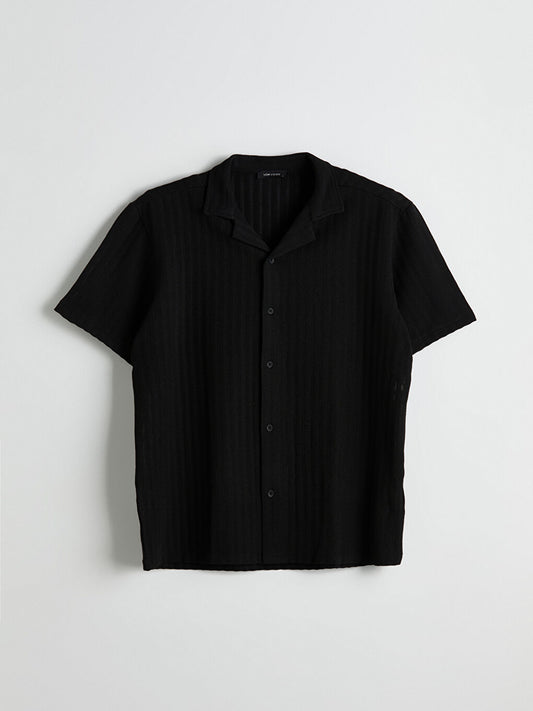 Textured Cuban Collar Polo Shirt Set - White & Black Combo