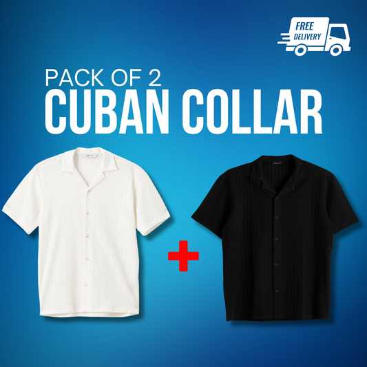 Textured Cuban Collar Polo Shirt Set - White & Black Combo